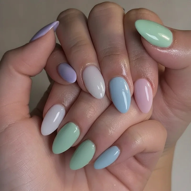 Pastel goth nail colour palette showing lavender ghost white mint baby blue and pale pink swatch options for the aesthetic
