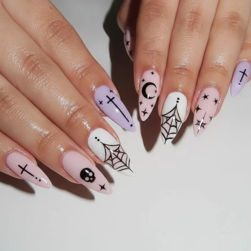 Pastel goth nails aesthetic identity editorial flat lay showing spectrum from soft dreamy to dark gothic nail inspo 2026