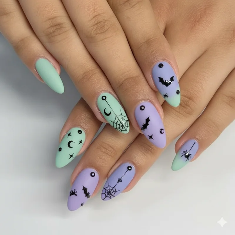 Pastel goth nails worn year-round across seasons featuring mint lavender and blue sets for spring summer and autumn