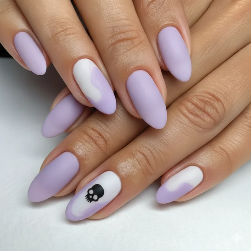 Short pastel goth nails with matte lavender and ghost white base featuring small skull accent nail at natural length