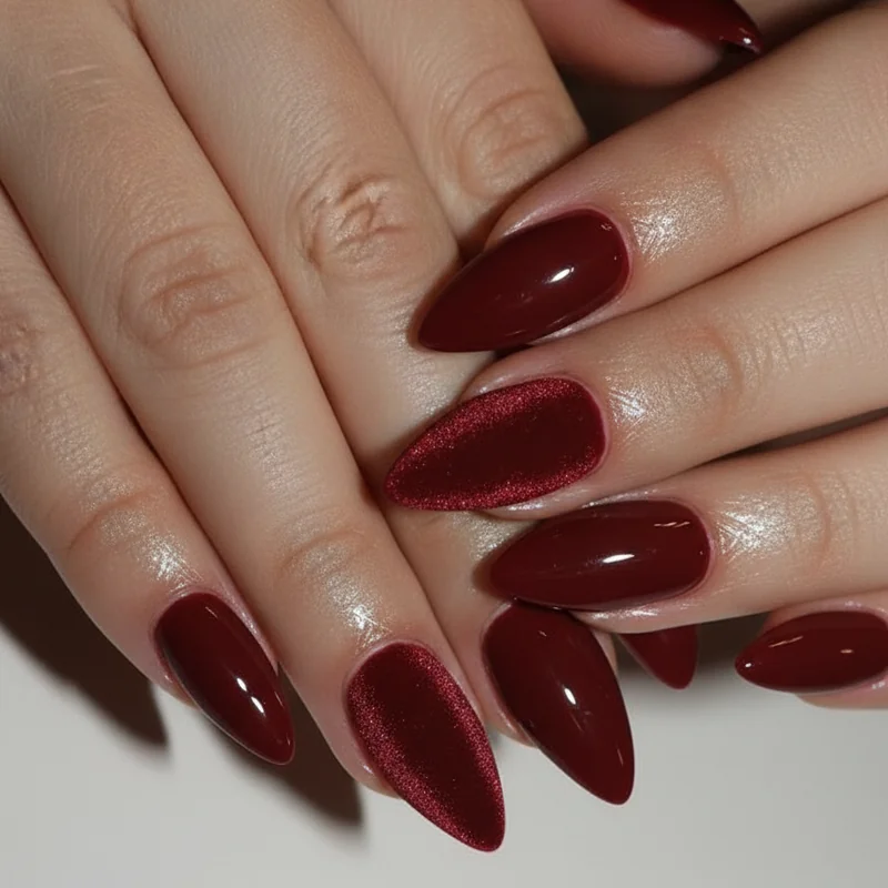 Matte versus glossy vampy nails side by side showing oxblood and blood red in both finishes plus velvet magnetic effect