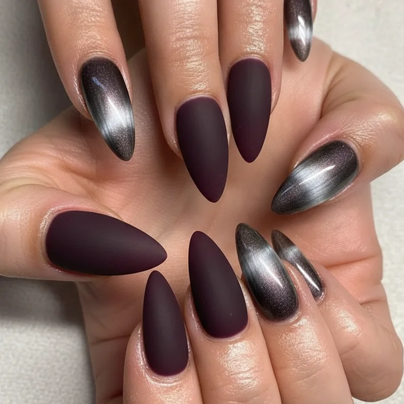 Velvet finish whimsigoth nails showing deep plum velvet powder texture alongside gunmetal chrome and cat eye gel magnetic finish