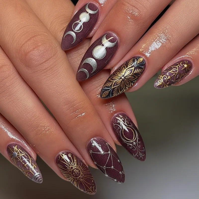 Whimsigoth nail motifs featuring sequential moon phases dark rose florals and constellation line art on matte deep burgundy base