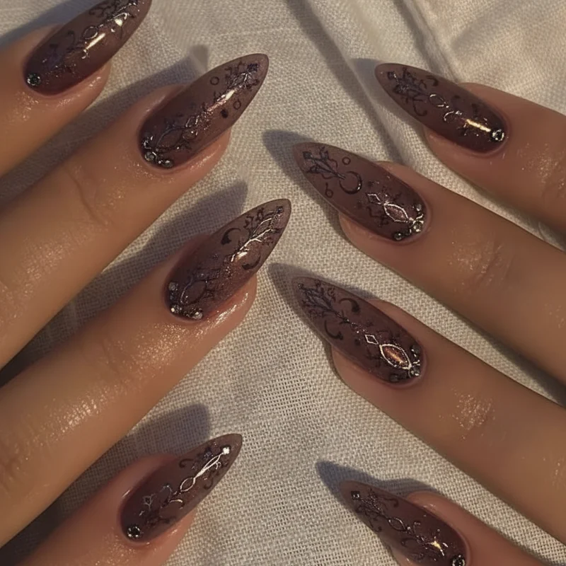 Whimsigoth nail shapes comparison showing almond coffin and oval shapes with dark celestial motifs on matte black and plum polish
