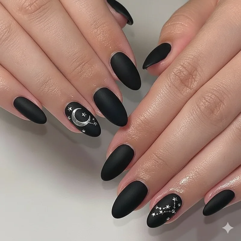 Short whimsigoth nails on oval and squoval shapes with matte black base deep plum and single celestial moon accent nail