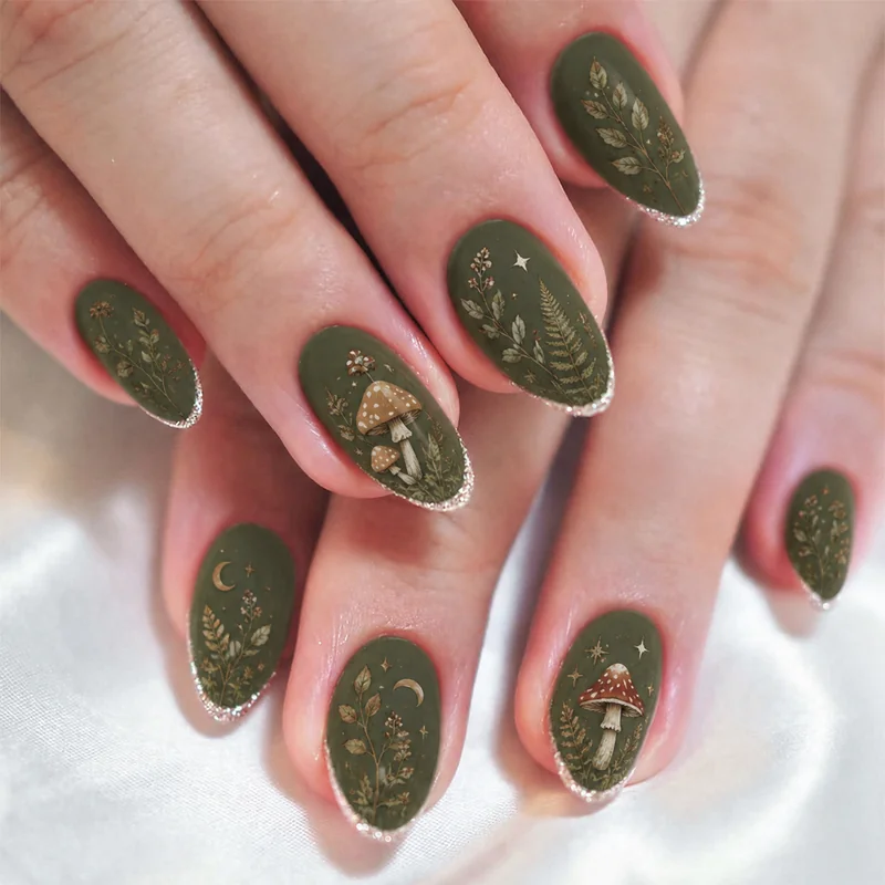 Forest witch nails in moss green matte with botanical mushroom detail showing earthy cottagecore witchcore nail aesthetic for everyday witchy wear