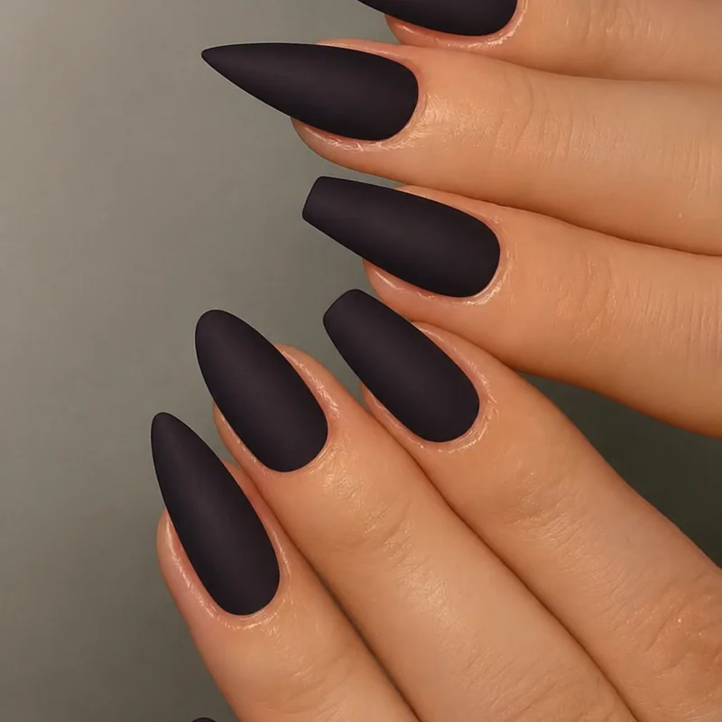 Witchy nail finish comparison showing matte aura dark chrome and velvet finish types on dark nails to demonstrate editorial occult witchy nail aesthetics