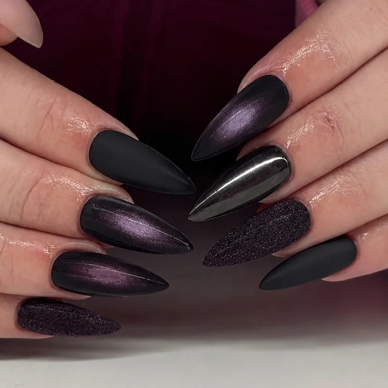 Witchy nails year-round palette showing dark burgundy deep forest green and midnight plum matte finishes across seasonal variations for 2026 everyday wear