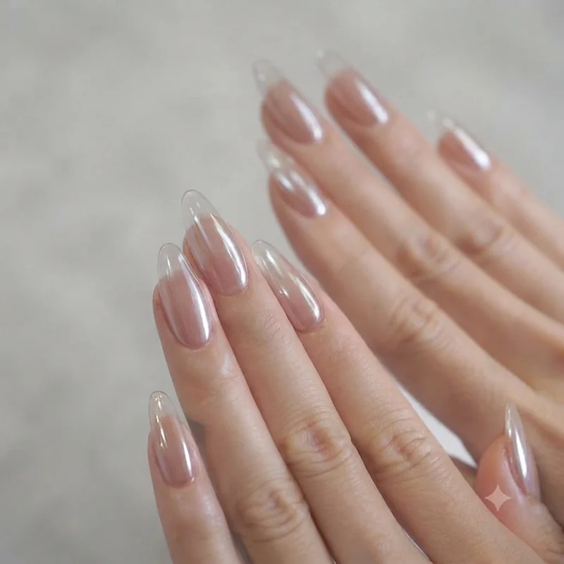 Coachella 2025 festival style pink chrome jelly nail set in long almond shape with translucent finish