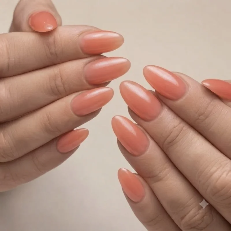 DIY home glazed jelly manicure application step showing chrome powder applied with sponge over sheer base