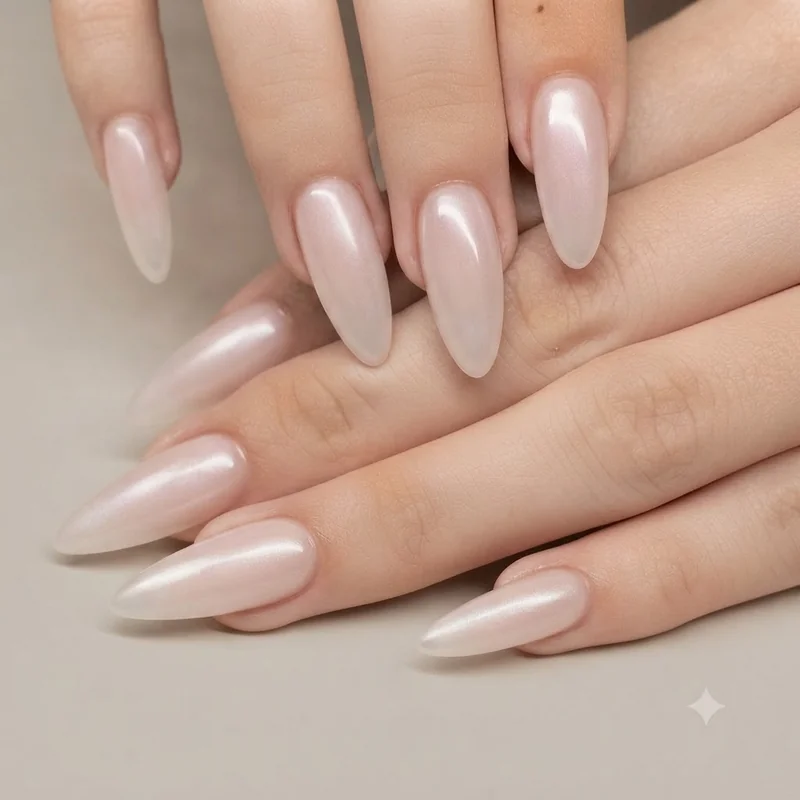 Glazed jelly nails at fresh two week gel manicure stage showing chrome finish holding at the tips