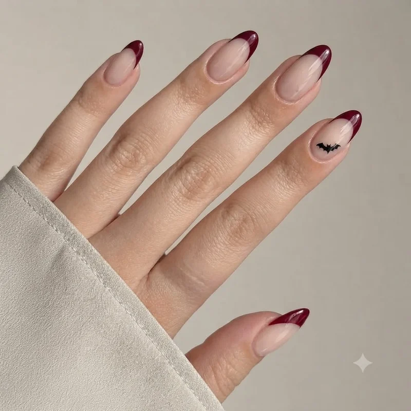 Burgundy French tips with one tiny bat accent nail, an office-friendly set that passes as a regular fall manicure on Nov 2