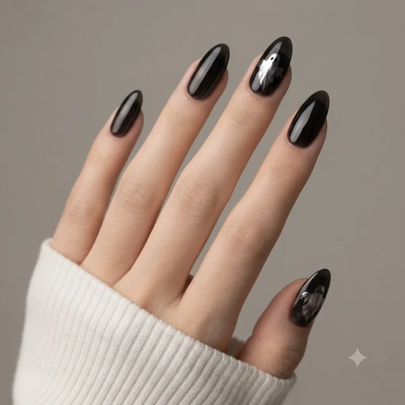 Chrome ghost accent nails with a mirror powder ghost silhouette over a sheer black base, a shiny no-gore Halloween manicure