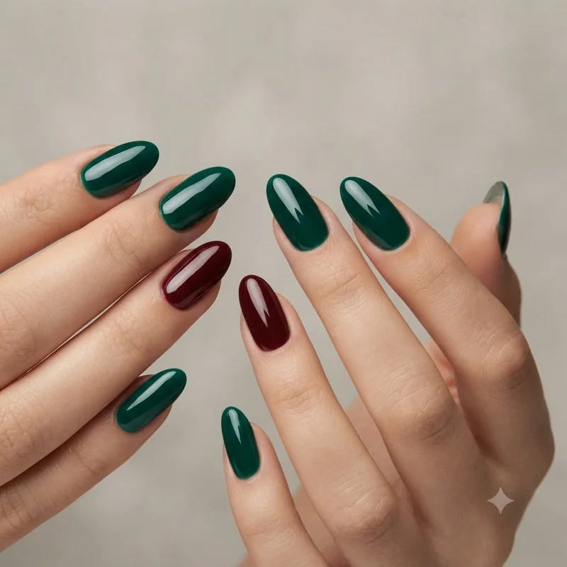 Deep emerald green gel manicure with one oxblood ring finger, a jewel tone alternative for anyone who finds red too literal