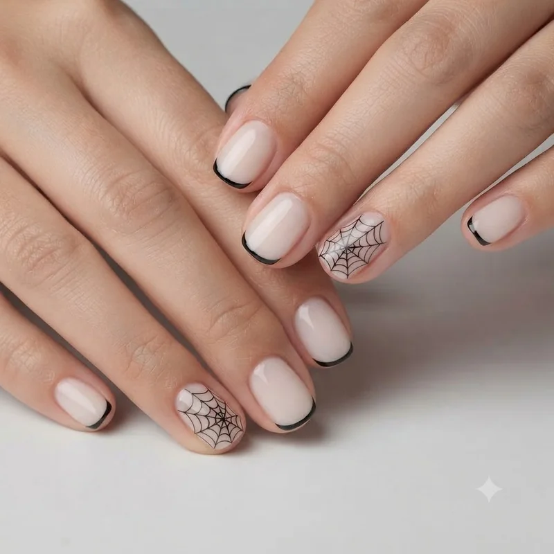 Fine-line spiderweb nail art over a sheer base with black micro French tips on short nails, a hairline web for steady hands