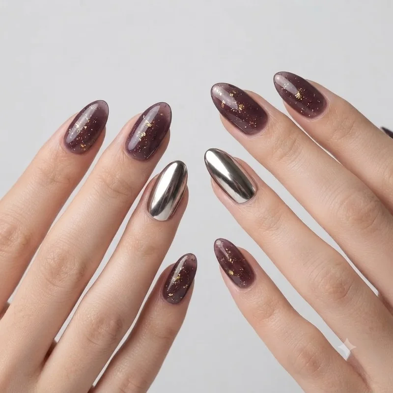 Gold-flecked smoky plum almond nails with one chrome accent nail, a metallic set that suits Greek-inspired gods and warriors