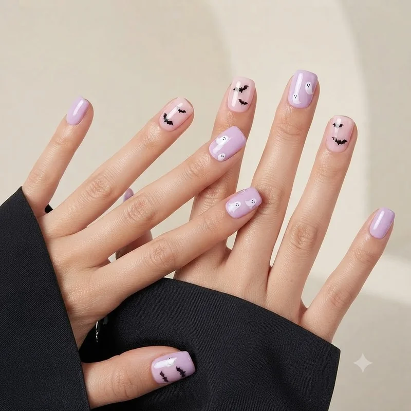 Kawaii-spooky pastel ghost nails in lilac and milky pink with tiny bats on a short square set, cute not scary for fall 2026