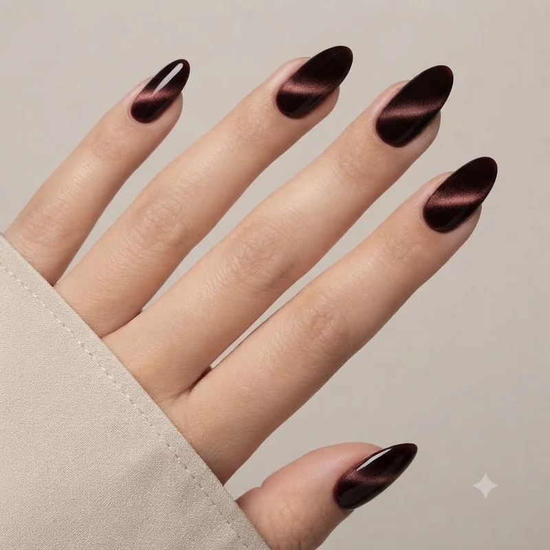 Velvet cat-eye almond nails in black cherry with a soft blurred magnetic band of light, the plush finish defining this season