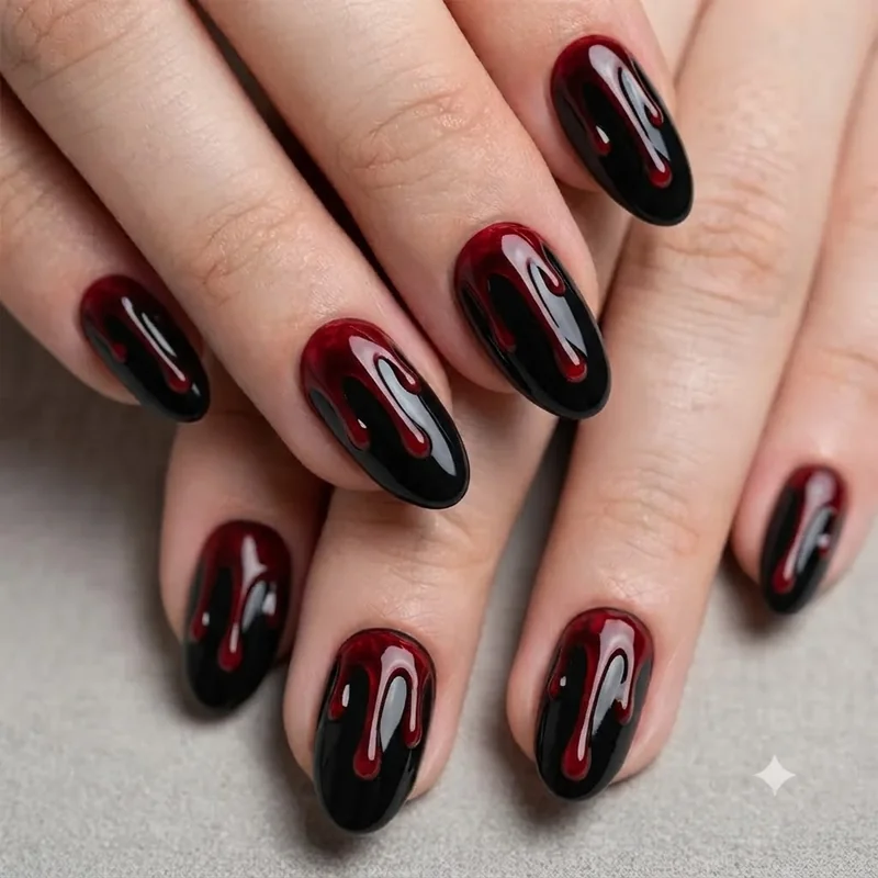Black halloween nails featuring a dramatic blood red drip effect design down the nail