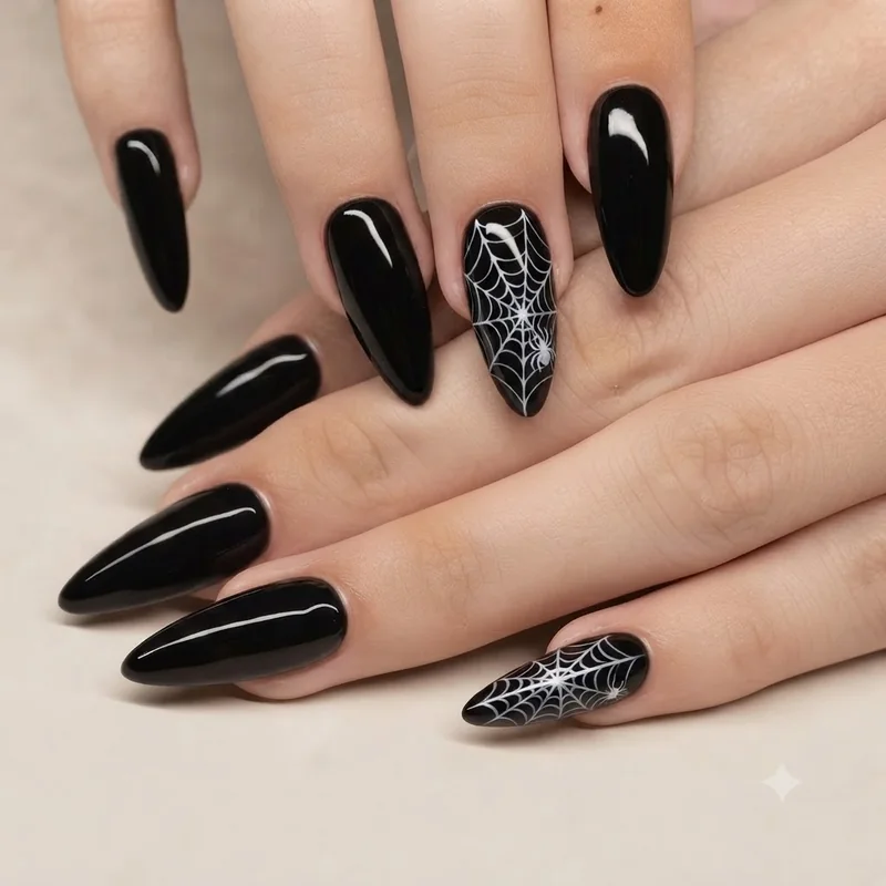 Glossy black halloween nails with a detailed white spider web hand painted design