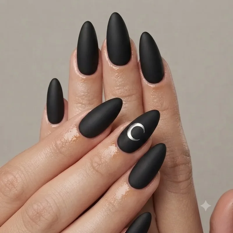 Matte black halloween nails with a solid manicure and single silver moon accent nail