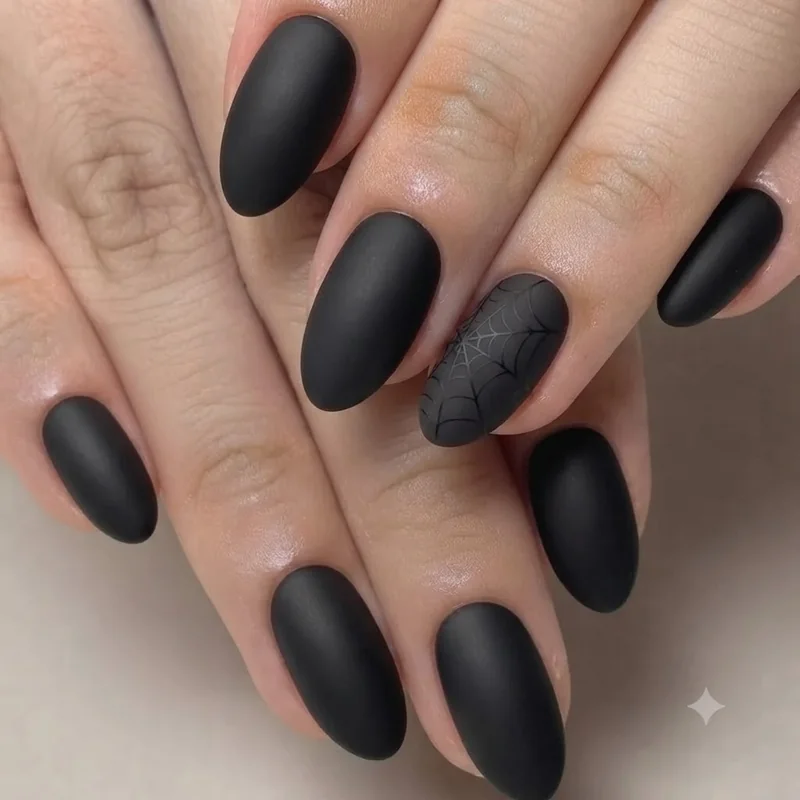 Short almond black halloween nails featuring a subtle single spider web accent nail