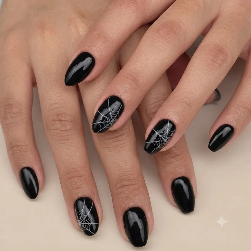 Black halloween nails side by side comparing almond shape and coffin shape styling