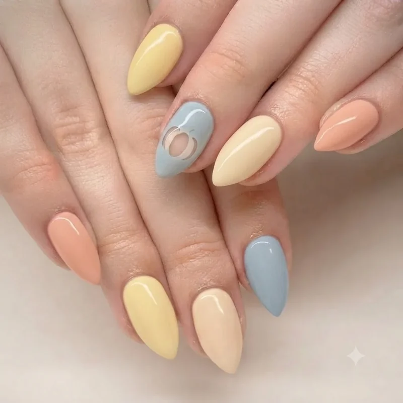 Cute smiling ghost French tip nail art on a soft pastel manicure base