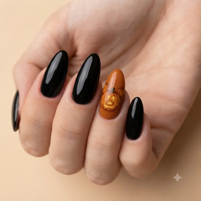 Disney park halloween nails design for Not So Scary party with durable gel accent nail mickey pumpkin detail