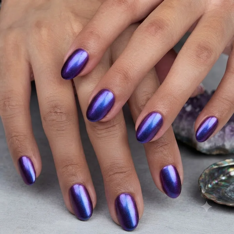 Glow in the dark chrome disney halloween nails in purple blue ursula inspired villain design with shimmer finish
