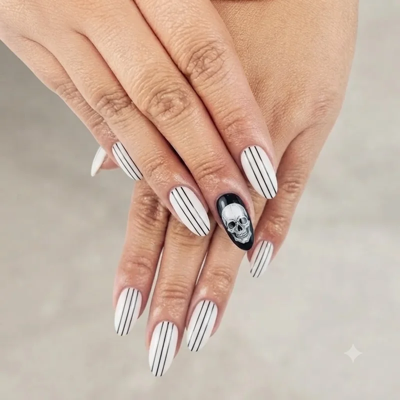 Jack Skellington Nightmare Before Christmas nail design with black white skull accent nail and pinstripe detail