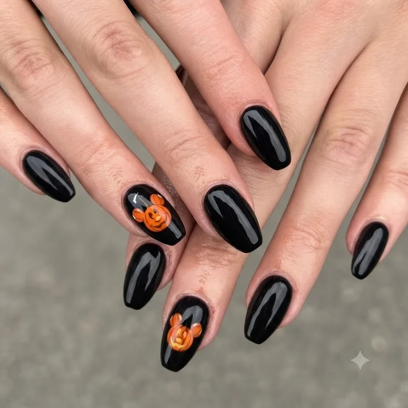 Pumpkin Mickey silhouette nail design in classic black and orange with white highlight detail on coffin shape