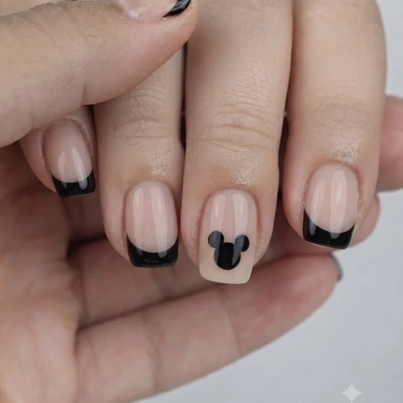 Short round disney halloween nails with mickey silhouette accent nail and classic black french tip design