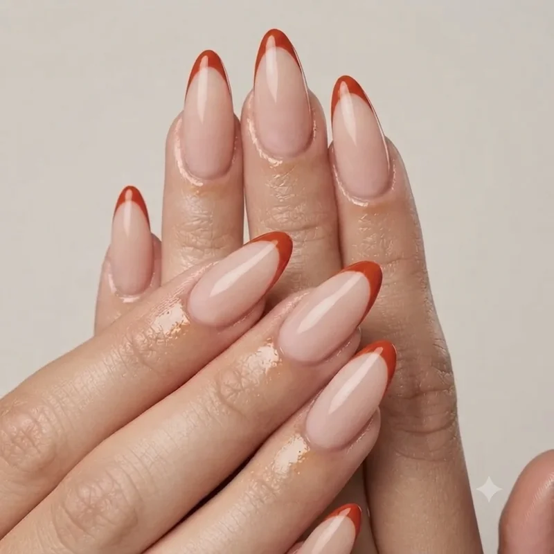 Spooky French tip DIY Halloween nails at home design idea, deep orange tips painted neatly over a soft nude polish base coat
