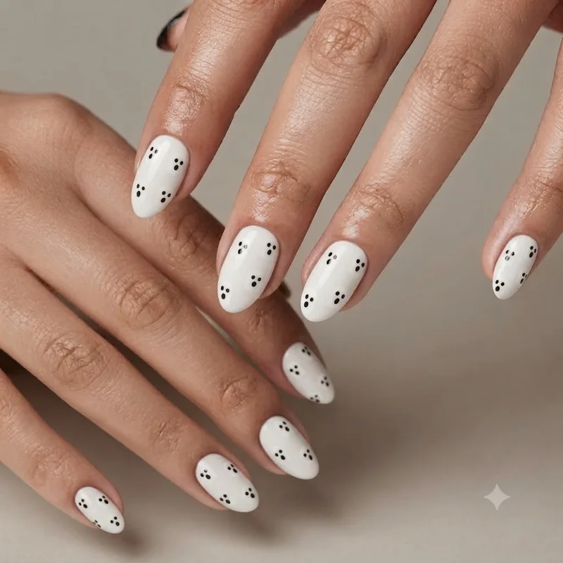 Easy DIY Halloween nail ghost design for total beginners, white base nails with simple black dot ghost faces painted neat
