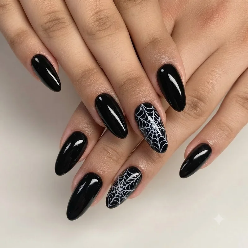 DIY Halloween nails at home spider web accent nail design, white web hand painted freehand over a black polish base coat