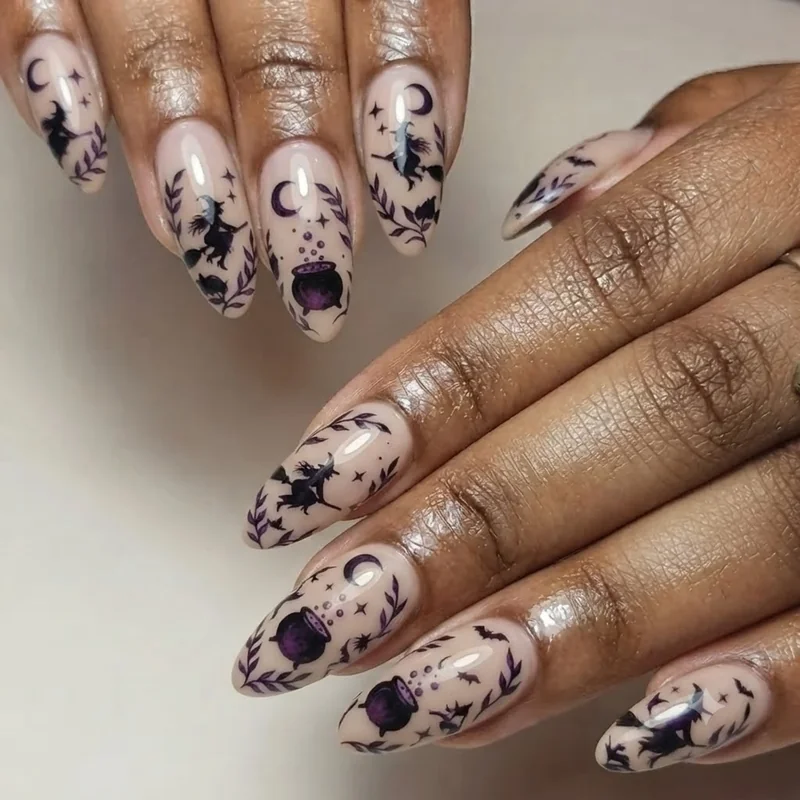 Black cat cauldron and spell book motif hocus pocus nails halloween nail art featuring the most iconic Sanderson Sisters symbols