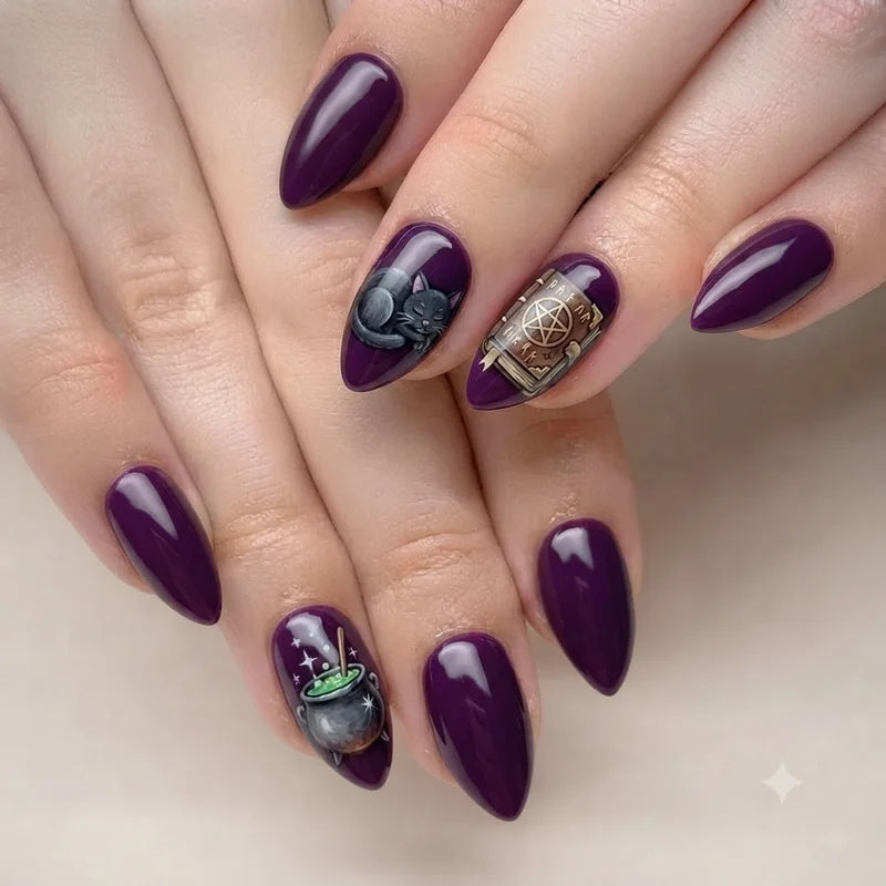 Purple orange and black colour block hocus pocus nails inspired manicure design for a chic Sanderson Sisters Halloween look