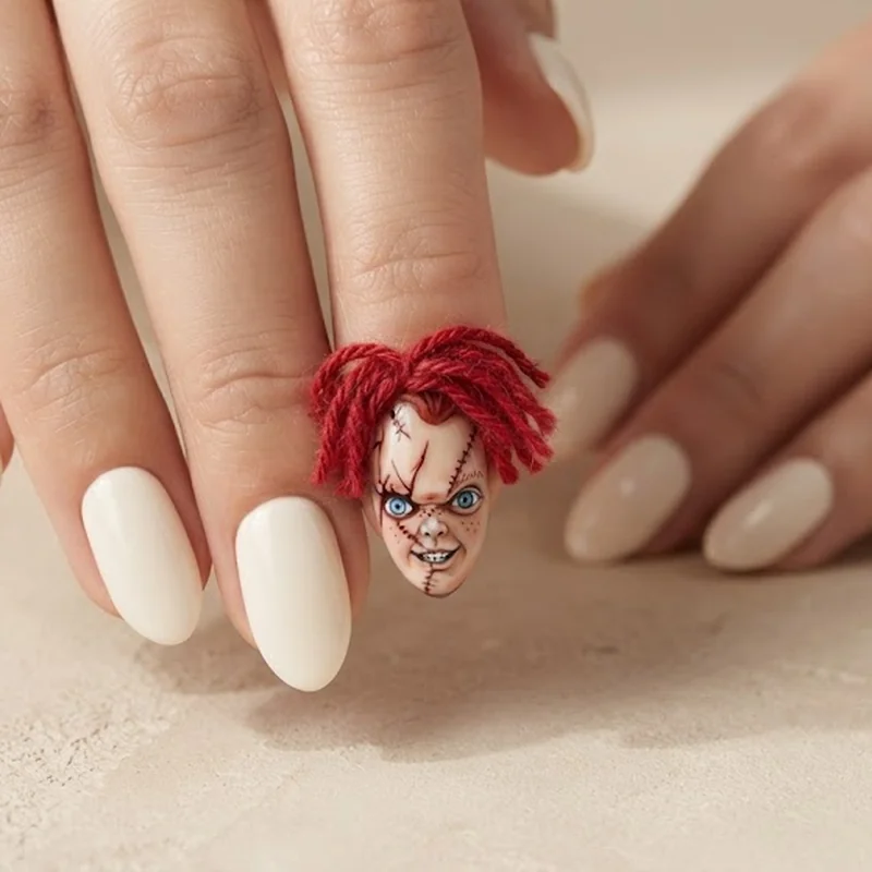 Chucky doll face nail art with textured red yarn hair and a hand-painted stitched scar detail