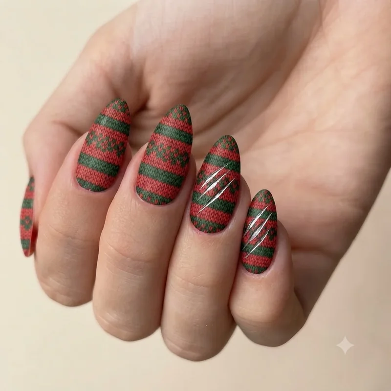 Freddy Krueger red and green striped sweater nail art with three thin silver claw marks