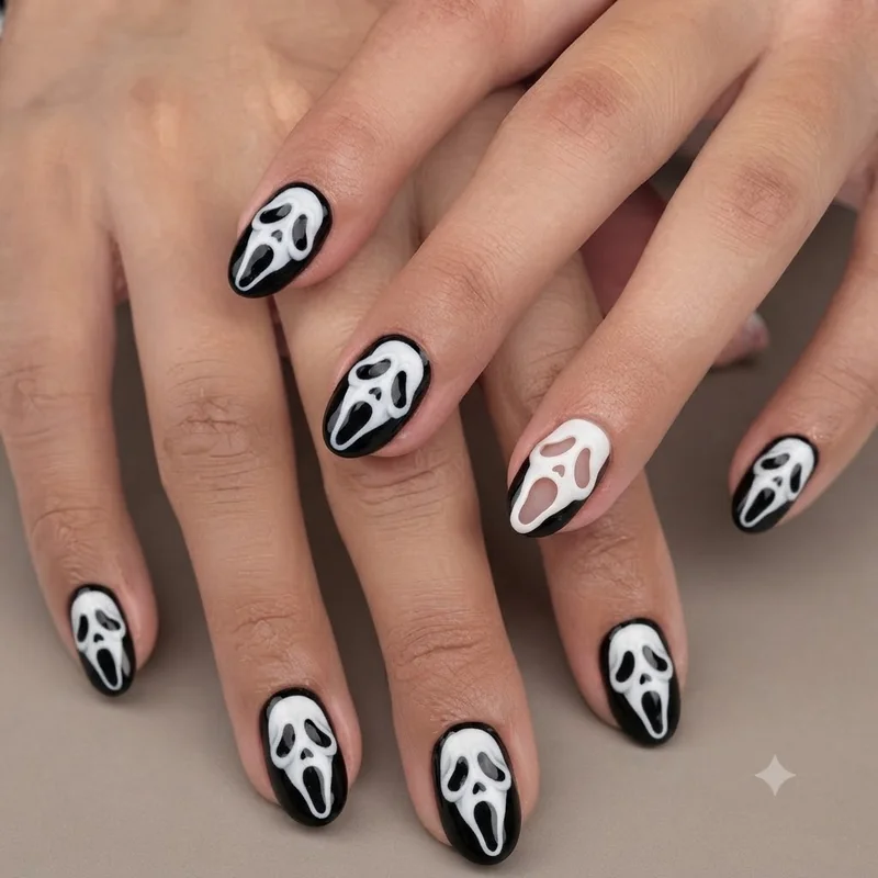Ghostface mask nail art in graphic black and white with a scream-shaped negative space accent nail