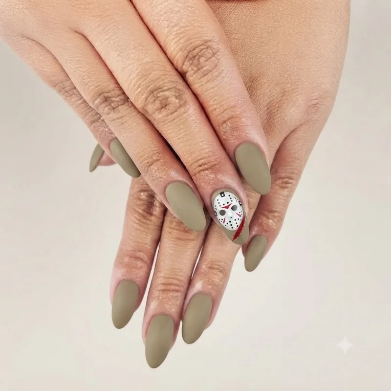 Jason Voorhees hockey mask nail art with a single red slash accent nail, camp-inspired khaki base