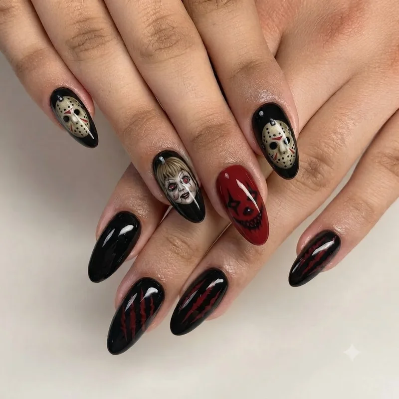 Four different horror characters combined across one hand with a cohesive black and red colour story