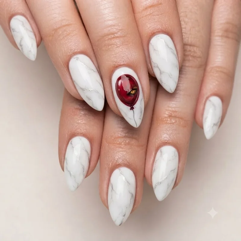 Pennywise red balloon and yellow eye nail art on a white marbled stiletto-shaped nail