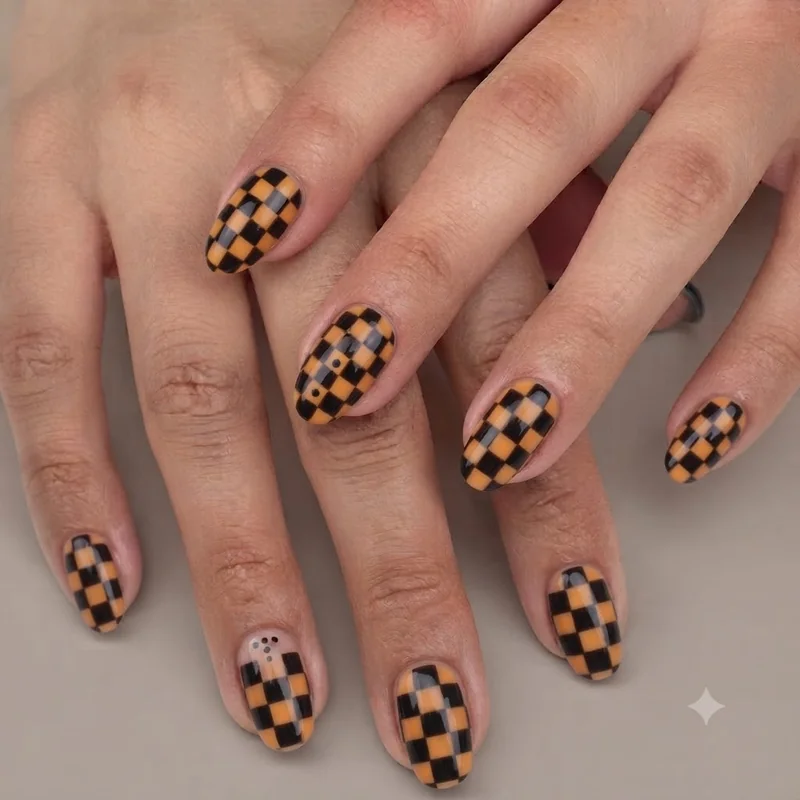 Simple DIY checkerboard and dot art short Halloween nail design achievable at home