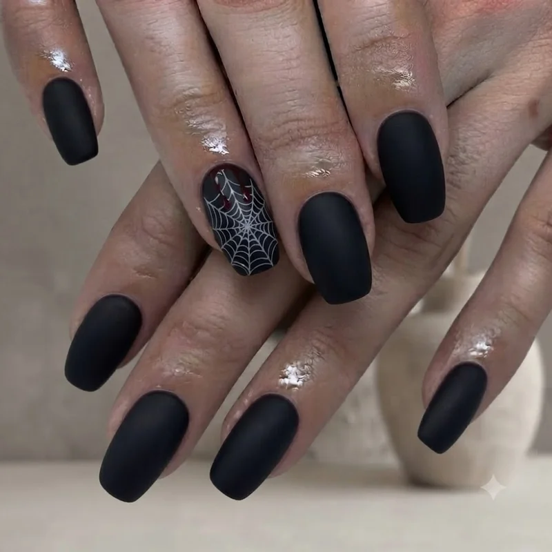 Close up of fine line spiderweb detail on short Halloween nail with red drip accent