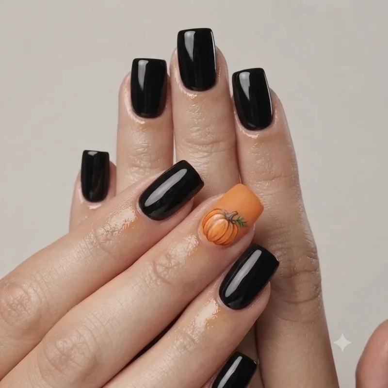 Short coffin Halloween nails with black micro French tip design and glossy finish