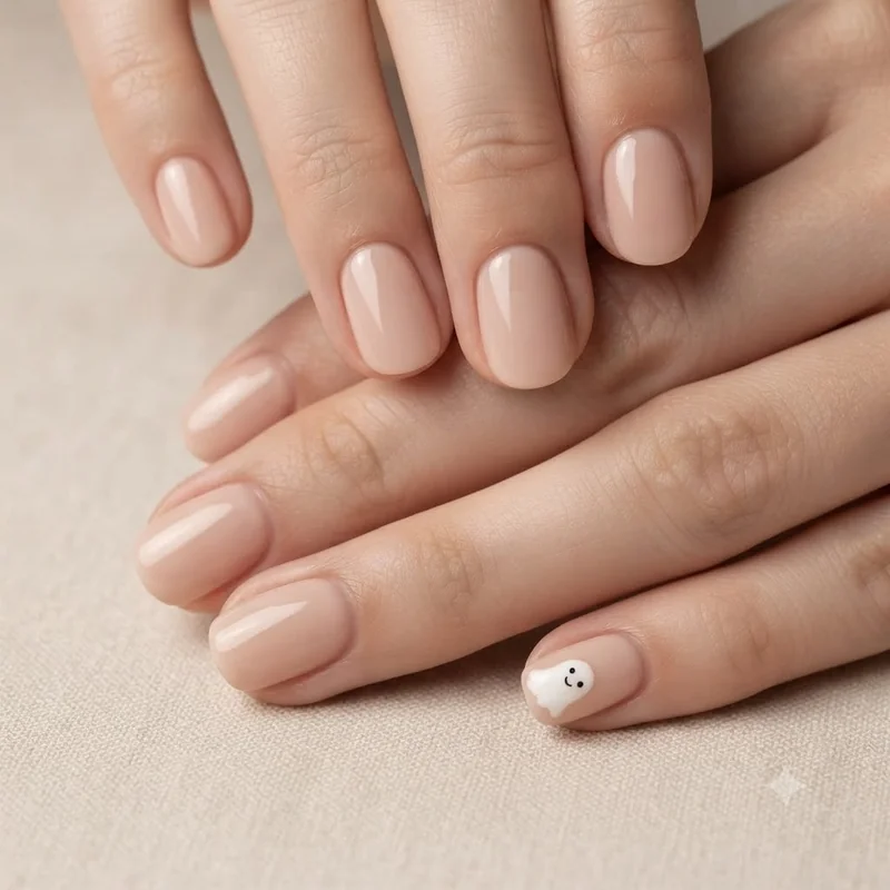 Minimalist short Halloween nails nude base with single tiny ghost accent nail design