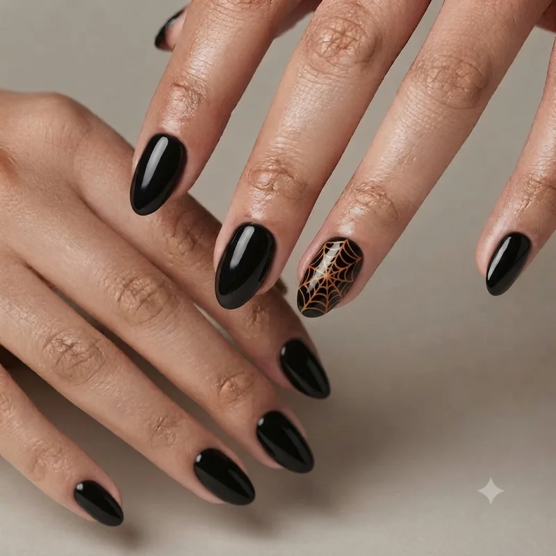 Short almond Halloween nail set with black base and orange spiderweb accent