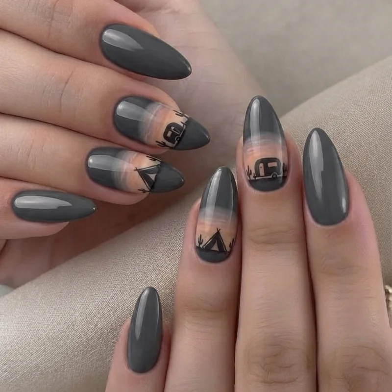 Minimal short nail camping design featuring a single olive accent nail with fine detail